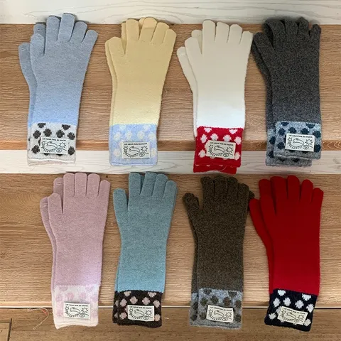 Women Long Knitted Polka Dot Gloves Mixed Fabric Winter Warm Touchscreen Color Block Full Finger Mittens Korean Style Daily Accessories