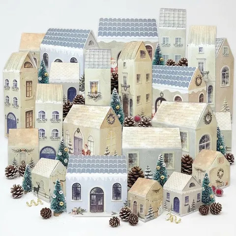 Nordic Christmas Village House Gift Boxes Cardboard Village Town Candy Boxes For Advent Calendar Holiday Party Decoration