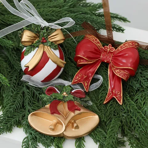 Vintage Resin Christmas Ornaments Santa Claus Rocking Horse Bow Bell Tree Hanging Decoration For Xmas Holiday Tree Decor Home Party