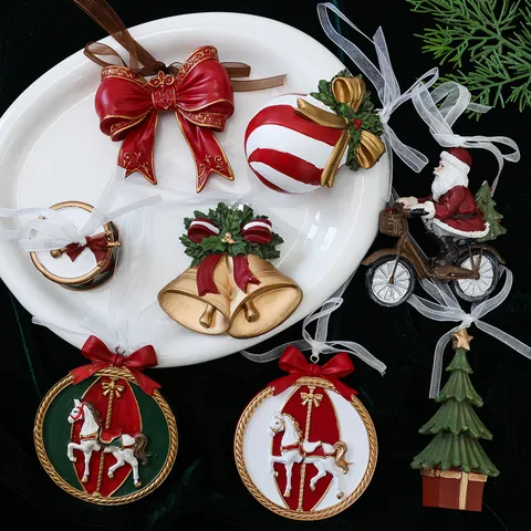 Vintage Resin Christmas Ornaments Santa Claus Rocking Horse Bow Bell Tree Hanging Decoration For Xmas Holiday Tree Decor Home Party