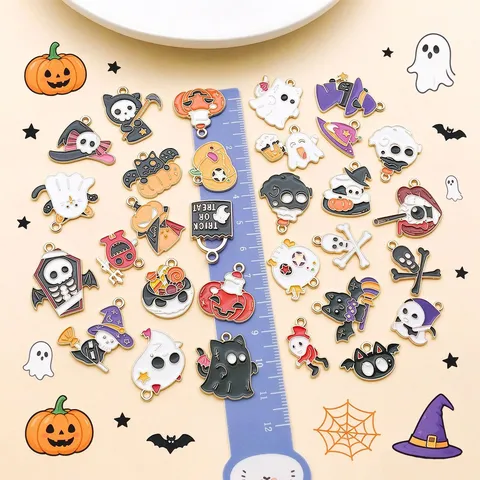 Halloween Enamel Zinc Alloy Ghost Pumpkin Skull Charms Cartoon Cute Pendants For DIY Jewelry Making Accessories Collection