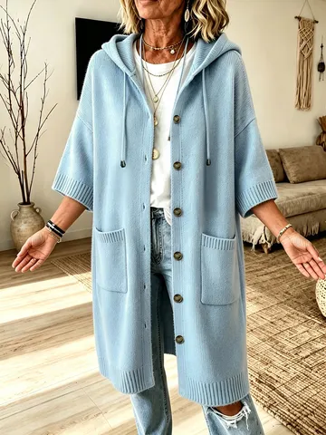 Women Casual Solid Color Hooded Cardigan Long Sleeve Loose Knit Sweater Soft Warm Open Front Outerwear