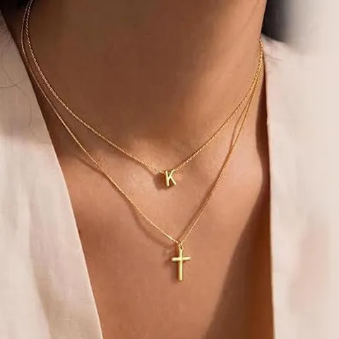 Collar Doble Capa de Cobre Minimalista para Mujer Moda Chapado en Oro Plata Alfabeto Letra Cruz Colgante Collares Joyería
