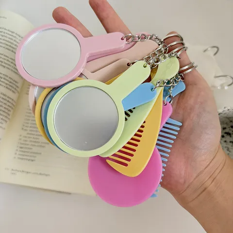 Ensemble Porte-clés Miroir et Peigne Portables en Acétate Couleur Unie Mini Peigne à Cheveux Miroir de Maquillage de Poche Pendentif de Sac