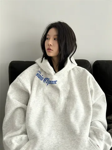 Women Oversize Fleece Thickened Hoodie American Vintage Gothic Print Long Sleeve Hooded Sweatshirt Winter Casual