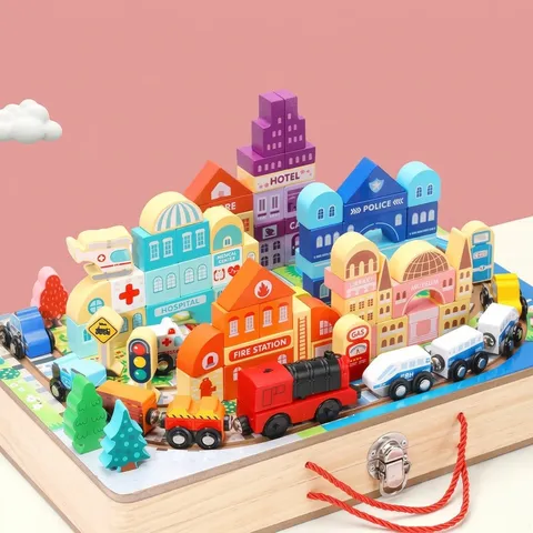 Kids Wooden Track Train Set Magnetic Electric City Street Scene Building Blocks Educational Toy For Children