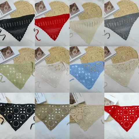Handmade Knit Floral Crochet Triangle Scarf Women Retro Granny Square Headband Hair Scarf Fashion Knitted Hair Accessories