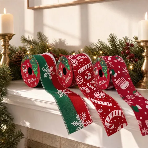 Cinta de Yute Navideña con Borde de Alambre Poliéster Estampado Muñeco de Nieve Para Envoltura de Regalos Decoración de Navidad