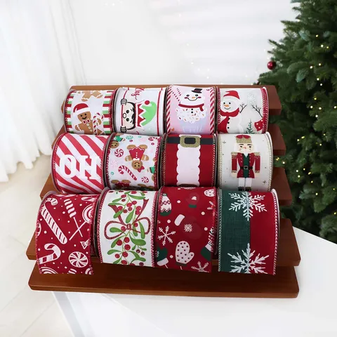 Cinta de Yute Navideña con Borde de Alambre Poliéster Estampado Muñeco de Nieve Para Envoltura de Regalos Decoración de Navidad