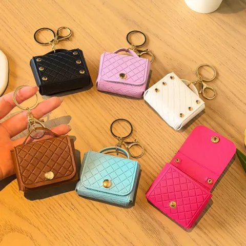 Vrouwen PU Leder Ruitjespatroon Ingedrukt Portemonnaie Mini Tas DIY Hanger Sleutelhanger Oortelefoon Opbergtas
