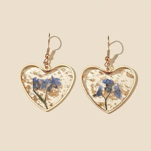 Transparent Resin Dried Flower Heart Drop Earrings Alloy Gold Plated Natural Style Fashion Jewelry For Women
