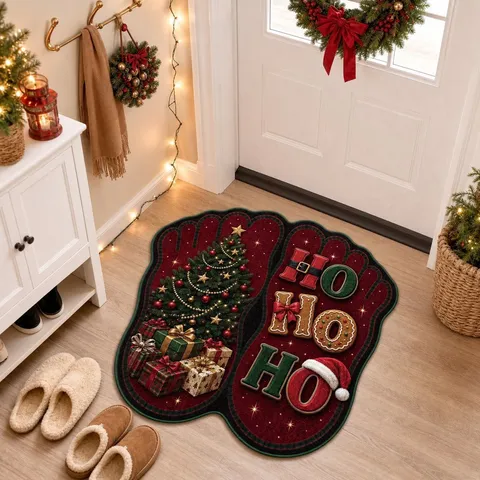 Christmas Cartoon Footprint Shaped Floor Mat Polyester Faux Cashmere Entrance Door Mat Printed Festive Home Decor Floor Rug
