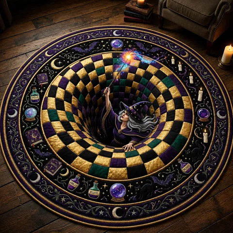 Tapis de Sol Rond Illusion Visuelle Sorcière Halloween Velours de Cristal Imprimé Gothique Chaudron Magique Chat Noir Citrouille Décoratif