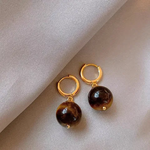 French Retro Natural Tiger Eye Stone Huggie Hoop Earrings Gold Plated Geometric Ear Buckle Fashion Jewelry For Women