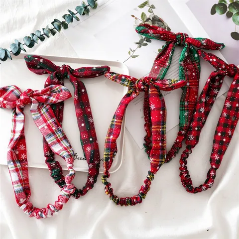 Diadema con Lazo de Cuadros de Navidad para Mujer Banda de Pelo de Cuadros Roja Verde Patrón de Copo de Nieve Accesorios