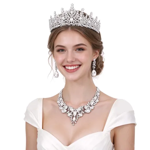 Bridal Crown Jewelry Set Zinc Alloy Rhinestone Necklace Earrings Wedding Accessories For Women Formal Party Dress Headpiece