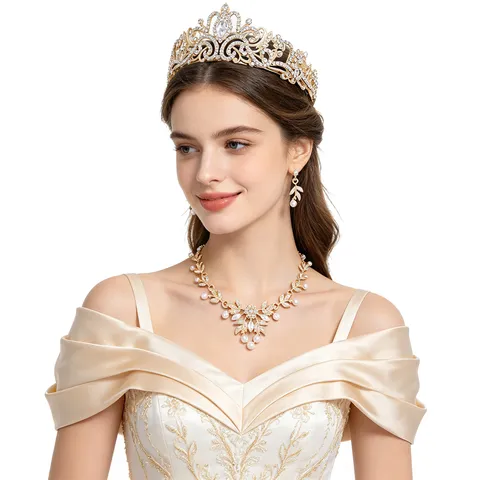 Bridal Crown Jewelry Set Zinc Alloy Rhinestone Necklace Earrings Wedding Accessories For Women Formal Party Dress Headpiece