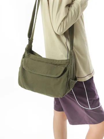 Vintage Japanese Canvas Crossbody Bag For Women Casual Solid Color Shoulder Bag With Flap Pocket Large Capacity Messenger Bag