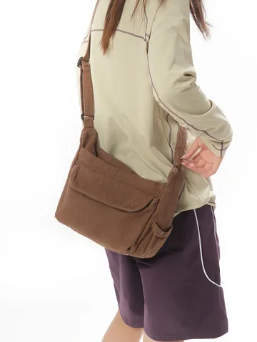 Vintage Japanese Canvas Crossbody Bag For Women Casual Solid Color Shoulder Bag With Flap Pocket Large Capacity Messenger Bag