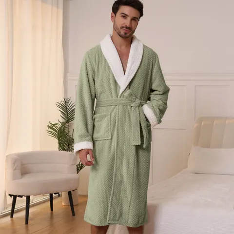 Herren Verdickter Flanell Bademantel Jacquard Lange Ärmel Schlafbekleidung Winter Warm Hausmantel mit Gürtel und Taschen