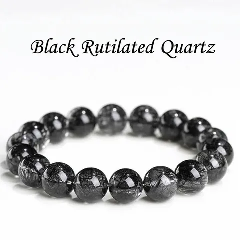 Natural Black Rutilated Quartz Round Bead Bracelet Lace Pattern Healing Gemstone Elastic Bracelet For Men Women Jewelry Gift
