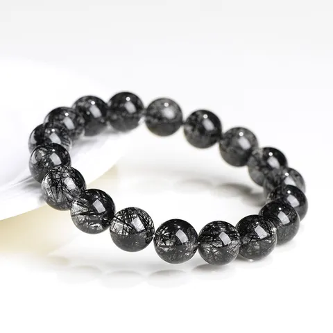 Natural Black Rutilated Quartz Round Bead Bracelet Lace Pattern Healing Gemstone Elastic Bracelet For Men Women Jewelry Gift