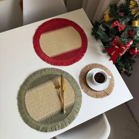 Pastoral Paper Woven Placemat With Tassel Splice Design Round Rectangular Dining Coaster Table Protection Holiday Christmas Decor Accent