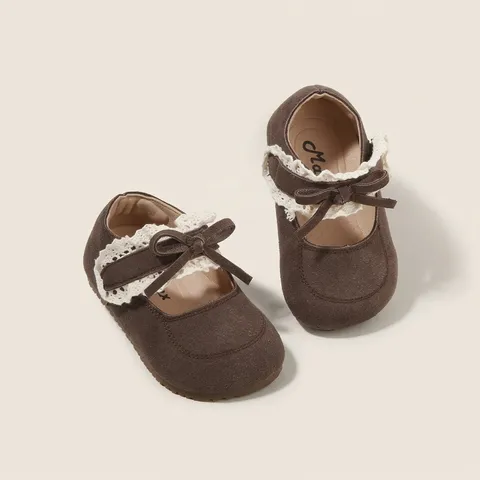 Baby Girl Princess Pre-walker Shoes Suede Soft Sole Anti-slip Bow Mary Jane Flats With Lace Trim Spring Fashion Toddler Shoes