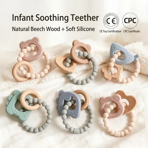Silicone Baby Teether Wristband Natural Wood Ring Molar Teething Toy Animal Bear Dinosaur Whale Heart Soothing Bracelet