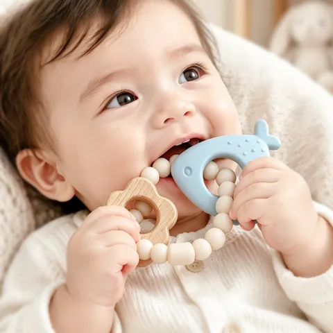 Silicone Baby Teether Wristband Natural Wood Ring Molar Teething Toy Animal Bear Dinosaur Whale Heart Soothing Bracelet
