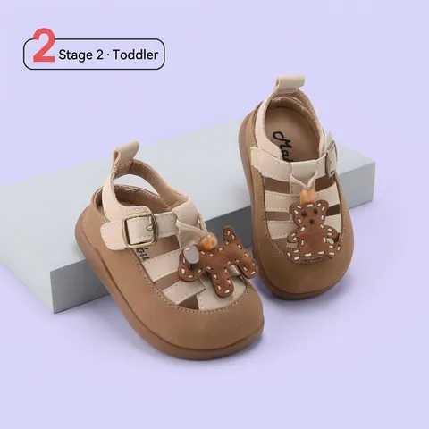 Baby Girls Cartoon Bear Roman Sandals Microfiber Leather Soft Sole Pre-walker Shoes Anti-slip Hook And Loop Toddler Summer Beach Sandals