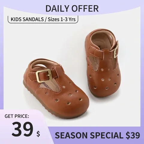 Chaussures Premier Pas Bébé Semelle Souple Printemps Nouvelles Filles Garçons Sandales Antidérapantes Élégantes Chaussures Pieds Nus Nourrisson Bout Fermé Bride en T Cuir Microfibre Semelle Caoutchouc Vintage Ajouré