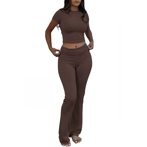 Women Casual Solid Color Crew Neck Short Sleeve Top And Low Rise Flare Pants Sports Activewear Set