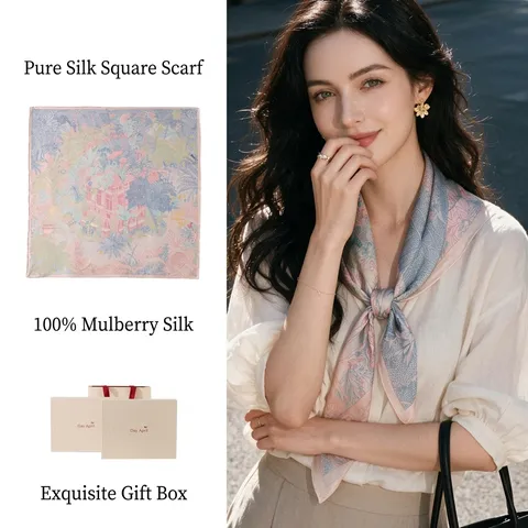 Women Luxury Mulberry Silk Square Scarf Elegant Floral Print French Style Fashion Neck Scarf For Teachers Day