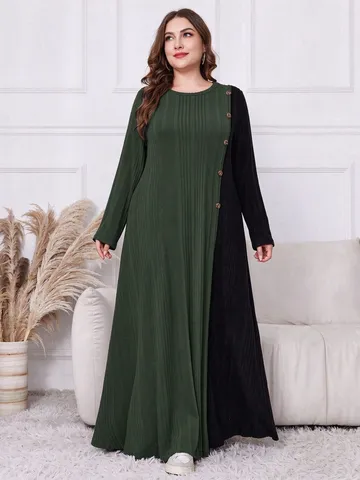 Plus Size Herbst Winter Farbblock Spleißen Langarm Rundhals Knopf Langes Kleid Damen Lässiges Strickkleid