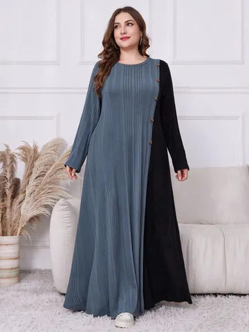 Plus Size Herbst Winter Farbblock Spleißen Langarm Rundhals Knopf Langes Kleid Damen Lässiges Strickkleid
