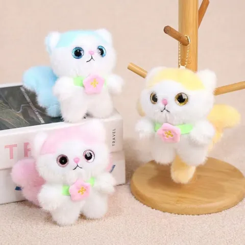 Cute Flower Angel Cat Plush Toy Keychain Soft Stuffed Animal Doll Pendant Healing Bag Hanging Ornament Gift