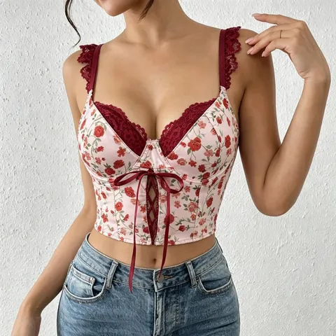 Vintage Französischer Stil Rosenmuster Korsett Tanktop Für Damen Spitzenbesatz V-Ausschnitt Schleife Eng Sexy Crop Top Ärmellos