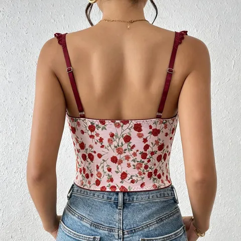 Vintage Französischer Stil Rosenmuster Korsett Tanktop Für Damen Spitzenbesatz V-Ausschnitt Schleife Eng Sexy Crop Top Ärmellos