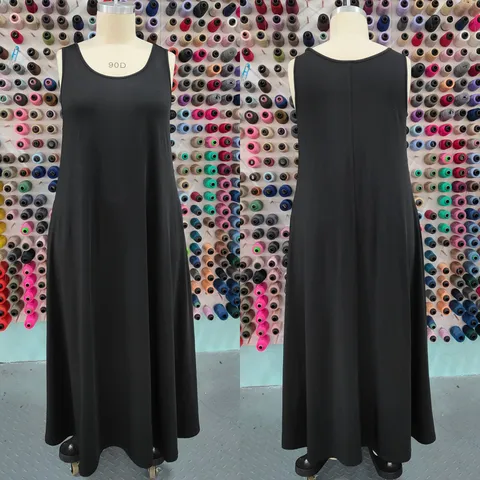 Plus Size Women Solid Color Sleeveless U-Neck Loose Casual Long Maxi Dress Elegant Summer Beach Party Dress