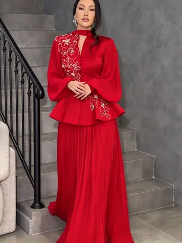 Women's Elegant Polyester Two-Piece Set Floral Embroidery Mesh Sleeve Top And Bottom Long Pleated Skirt Banquet Office Wear