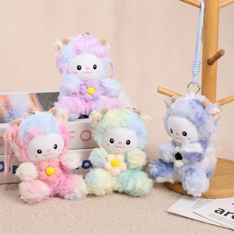 Colorful Tie-Dye Little Sheep Plush Toy Pendant Cute Stuffed Animal Doll With Flower And Metal Keychain For Kids Gift