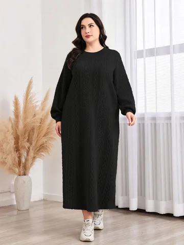 Übergröße Damen Langarm Zopfmuster Maxikleid Lässig Lockere Passform Rundhals Einfarbig Langes Pulloverkleid