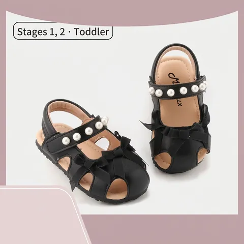 Chaussures Premier Pas Bébé Fille Sandales d'Été Nœud Papillon Cuir Microfibre Semelle Souple Antidérapante Ajourées Princesse Perle Artificielle