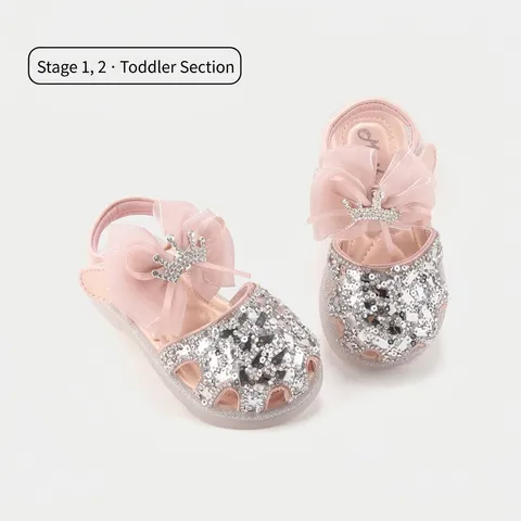 Toddler Girls Sequin Princess Shoes Summer Breathable Bowknot Crown Flat Sandal Soft Sole Outdoor Non-Slip Footwear For Infants