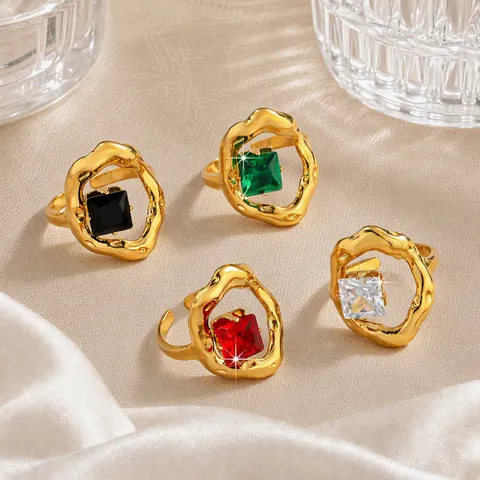 Minimalist Stainless Steel Open Ring For Women Gold Plated Geometric Colorful Zircon Finger Ring Fashion Jewelry Gift