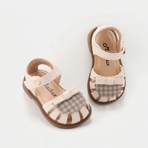 Baby Girl Toddler Shoes Closed Toe Non-Slip Soft Sole Sandals Plaid Bowknot Princess Style Synthetic Leather Summer Footwear