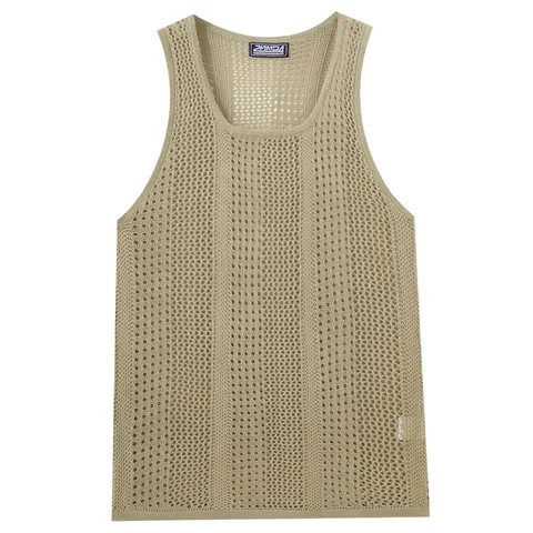 Men's Hollow Out Mesh Knit Tank Top Summer Casual Breathable Sleeveless Sports Vest Streetwear Acrylic Cotton Top For Men