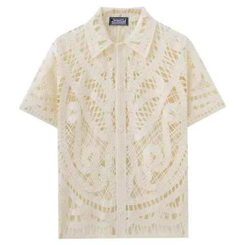 Men Hollow Crochet Knitted Polo Shirt Vintage European Style Short Sleeve Acrylic Breathable Casual Knit Top For Summer