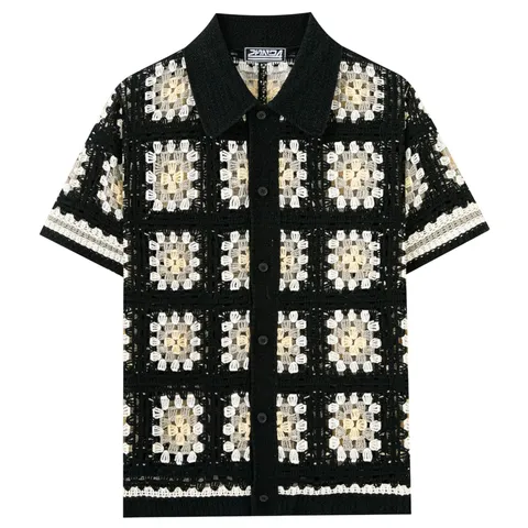 Men's Vintage Granny Square Knitted Polo Shirt Hollow Out Crochet Short Sleeve Button Down Top Summer Casual Shirt